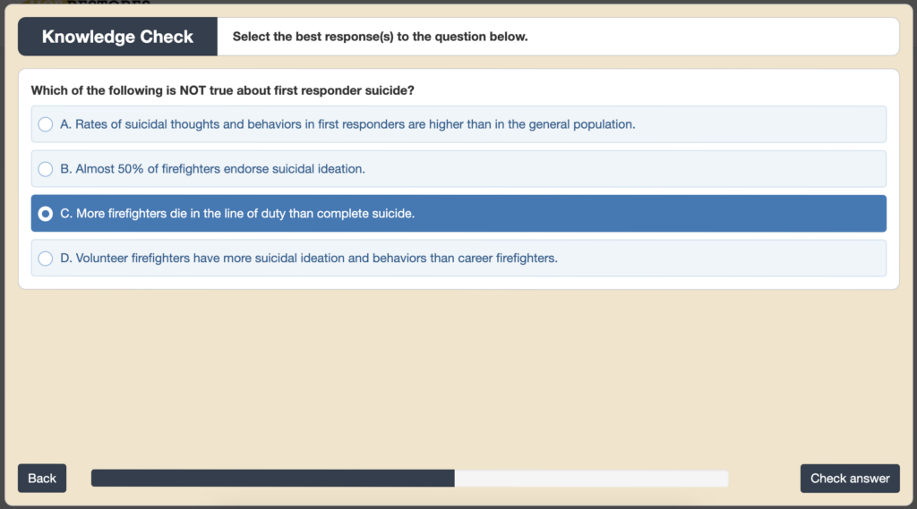 A knowledge check tests users about suicide among first responders